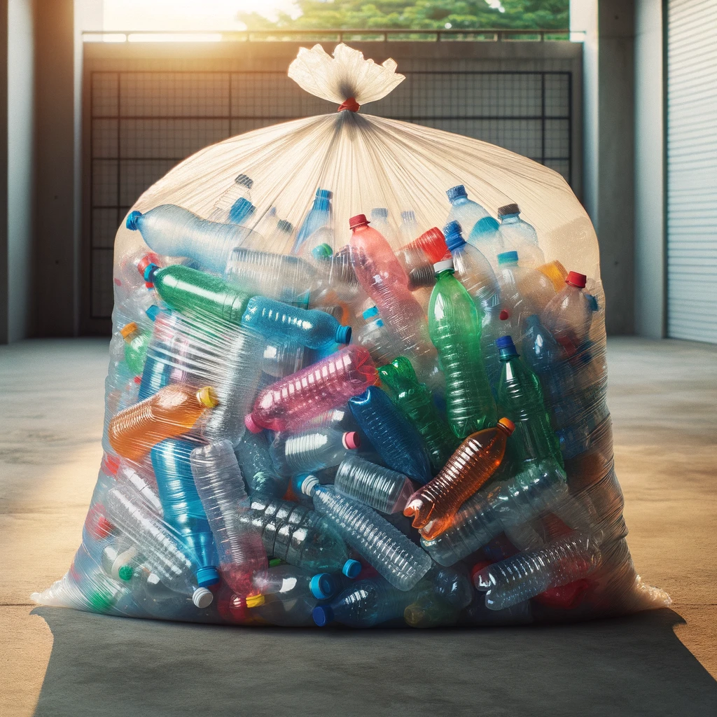 DALL·E 2024 02 14 18.46.10 An image depicting a large transparent plastic bag filled with a variety of colorful plastic bottles. The bag is placed on a neutral surface perhaps
