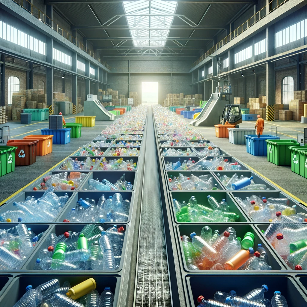 DALL·E 2024 02 14 18.53.06 An image visualizing the process of donated plastic bottles being sorted and spread out at a recycling depot. The scene should depict a variety of col